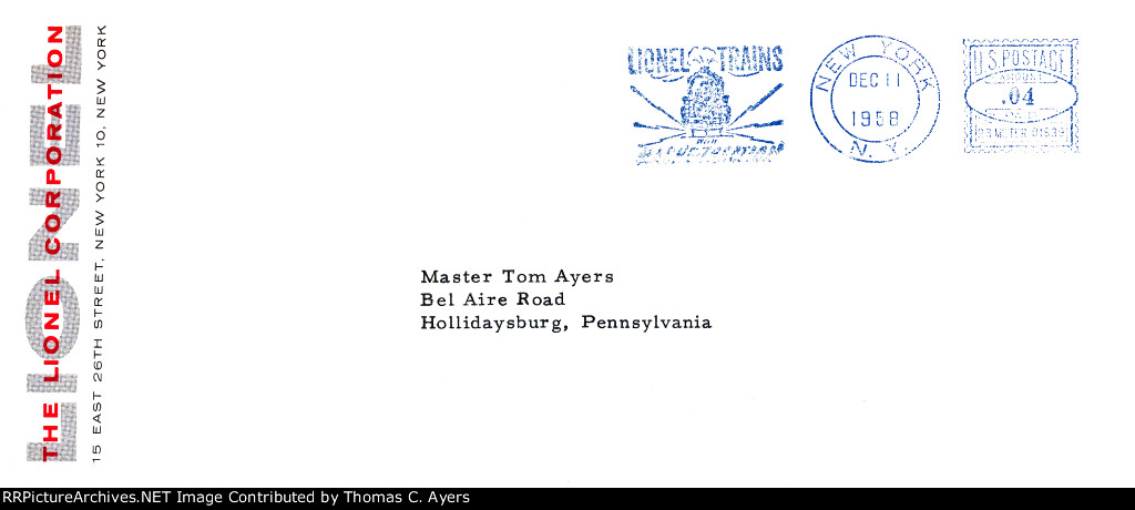 Lionel Letter Envelope, 1958